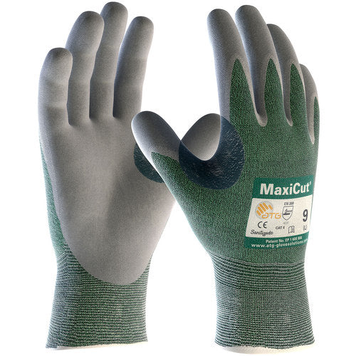 18-570/XS Gloves for Cut Protection - MaxiCut - Green 15G Eng Yarn Shell - Gray Nitrile MicroFoam Grip - A2 - Exact Industrial Supply