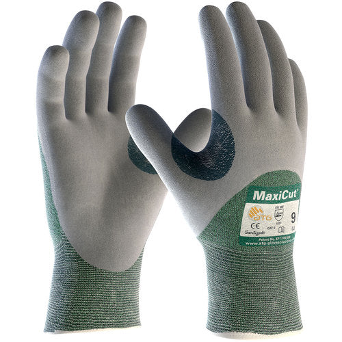 18-575/XL Gloves for Cut Protection - MaxiCut - Green 15G Eng Yarn Shell - Gray 3/4 Nitrile MicroFoam Grip - A2 - Exact Industrial Supply