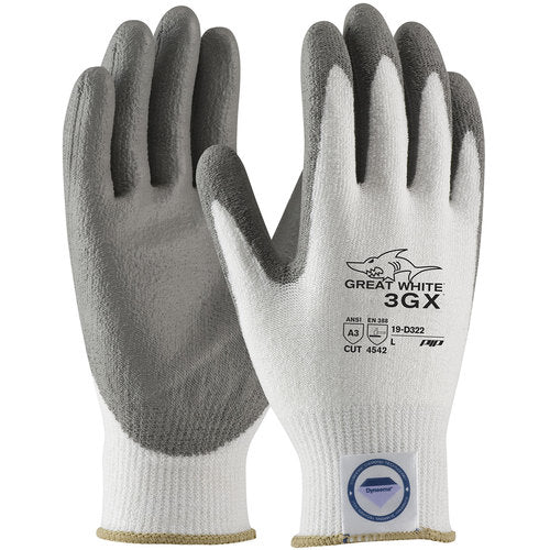19-D322/M Coated Gloves - Great White 3GX Dyneema Diamond - 13G White Shell - Gray PU Smooth Grip - A3