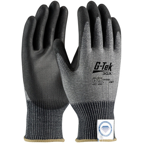 19-D326/XS Coated Gloves - G-Tek 3GX Dyneema Diamond - 13G Gray Shell - Black PU Smooth Grip - A3 - Exact Industrial Supply