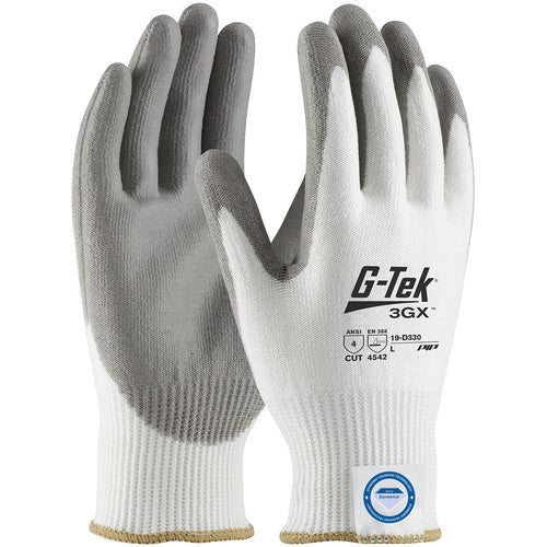 19-D330/XS Coated Gloves - G-Tek 3GX Dyneema Diamond - White 13G Shell - Gray PU Smooth Grip - A4