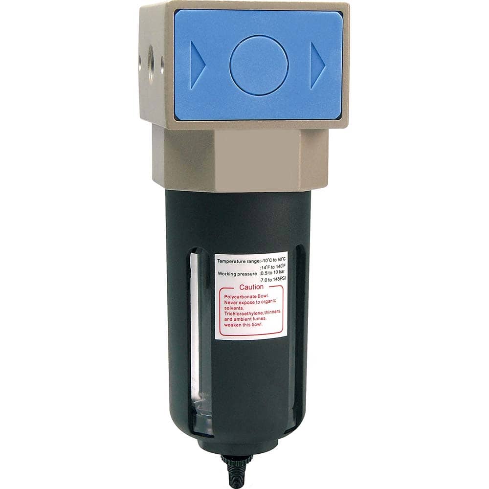 Filters; Filter Type: Intermediate; Port Size: 3/8 NPT; Width (Decimal Inch): 2.5200; Bowl Material: Polycarbonate; Drain Type: Automatic; Micron Rating: 5 ™m; Standard Cubic Feet Per Minute: 86.51; Filter Media Material: Polyethylene; Includes Sight Gla