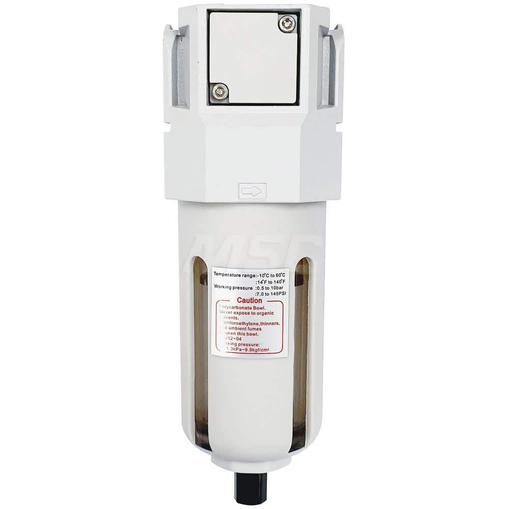 Coalescing Filters; Filter Type: Intermediate; Port Size: 1/2; Bowl Material: Polycarbonate; Micron Rating: 0.01 ™m; Drain Type: Semi-Automatic; Maximum Temperature (F): 140.000; Bowl Guard Material: Nylon; Sight Glass: Yes; Pressure Gauge Included: No;