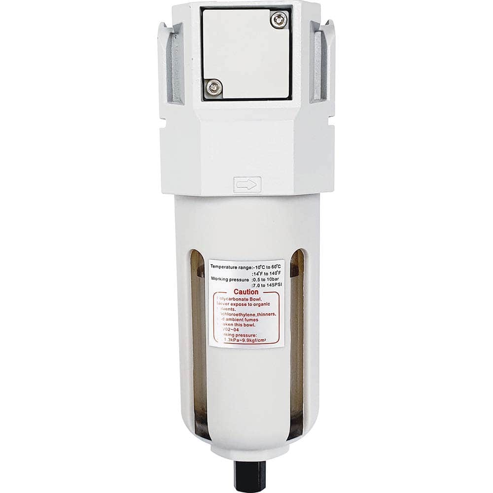 Filters; Filter Type: Standard; Port Size: 1/2 NPT; Width (Decimal Inch): 2.3600; Bowl Material: Polycarbonate; Drain Type: Semi-Automatic; Micron Rating: 5 ™m; Standard Cubic Feet Per Minute: 106.99; Filter Media Material: Polyethylene; Includes Sight G