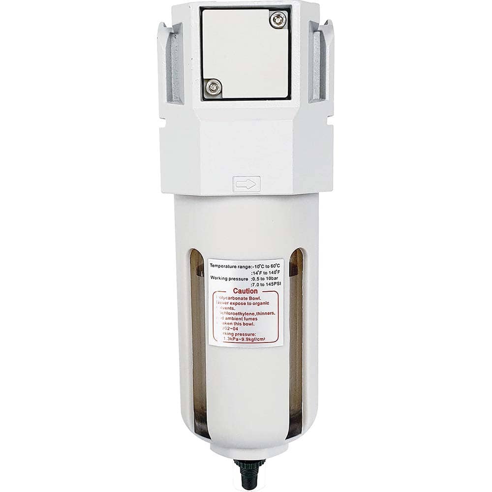 Filters; Filter Type: Standard; Port Size: 1/2 NPT; Width (Decimal Inch): 2.3600; Bowl Material: Polycarbonate; Drain Type: Automatic; Micron Rating: 5 ™m; Standard Cubic Feet Per Minute: 106.99; Filter Media Material: Polyethylene; Includes Sight Glass: