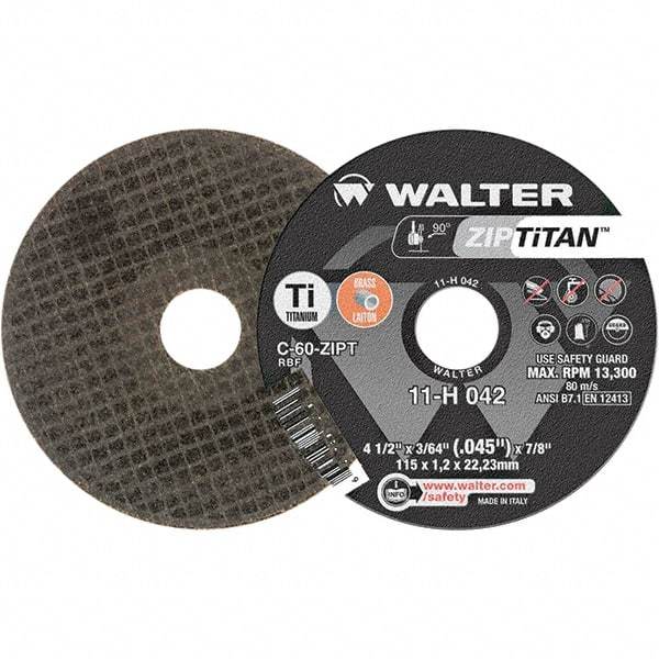 WALTER Surface Technologies - 4-1/2" Aluminum Oxide Cutoff Wheel - 3/64" Thick, 7/8" Arbor, 13,300 Max RPM, Use with Die Grinders - Benchmark Tooling