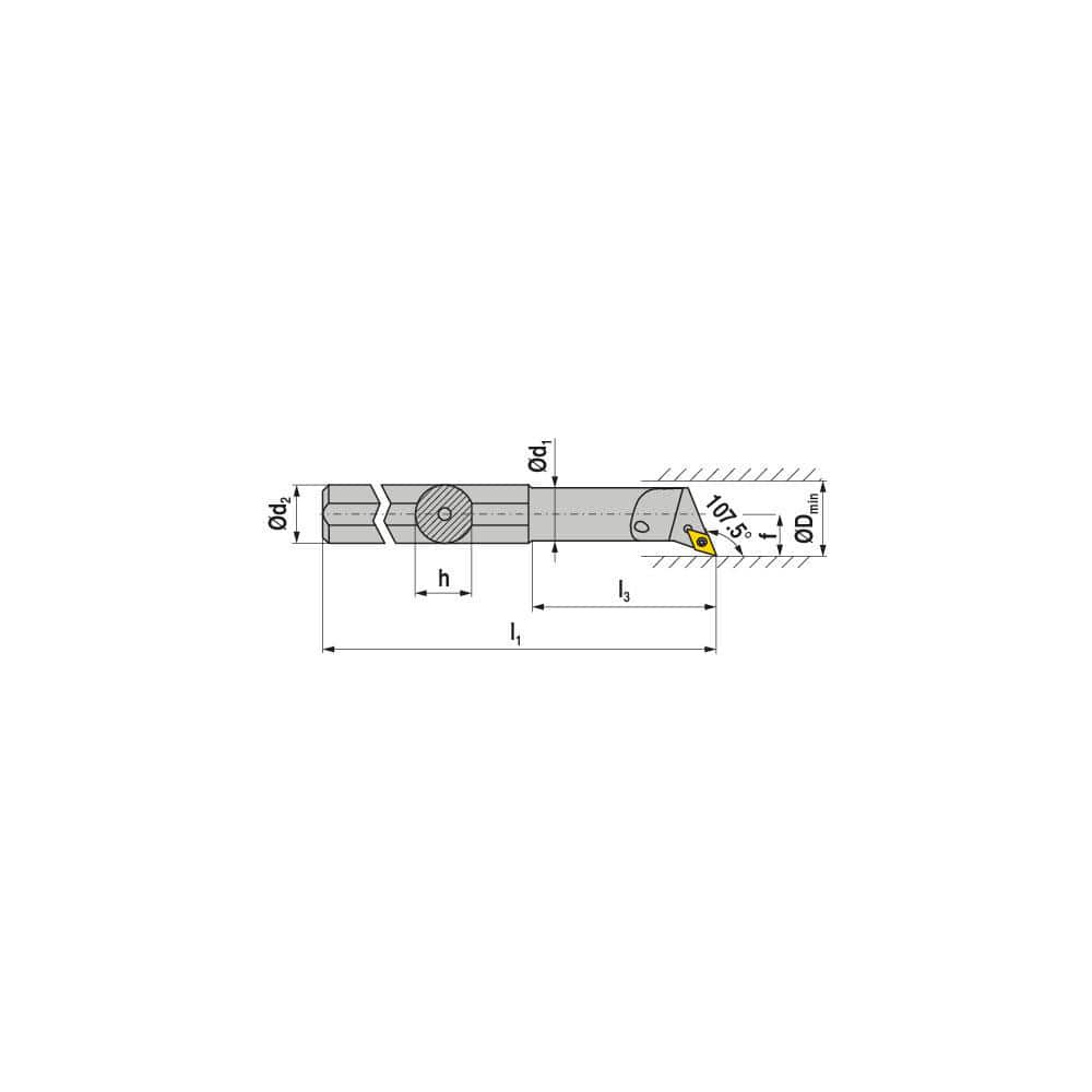 Indexable Boring Bar: E-A1216M SDQCL 07, 19.50 mm Min Bore, 16.00 mm Shank Dia, 107.50° N/A Solid Carbide 150.0000″ OAL, Screw Clamping,