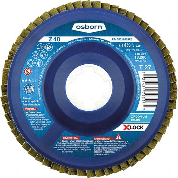 Osborn - 4-1/2" 40 Grit 5/8-11 Center Hole Type 27 Zirconia Alumina Flap Disc - Benchmark Tooling