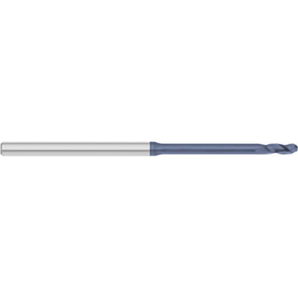 Ball End Mill: 0.09″ Dia, 0.27″ LOC, 3 Flute, Solid Carbide 2-1/2″ OAL, 1/8″ Shank Dia, 30 ° Helix, AlTiN Coated, Single End