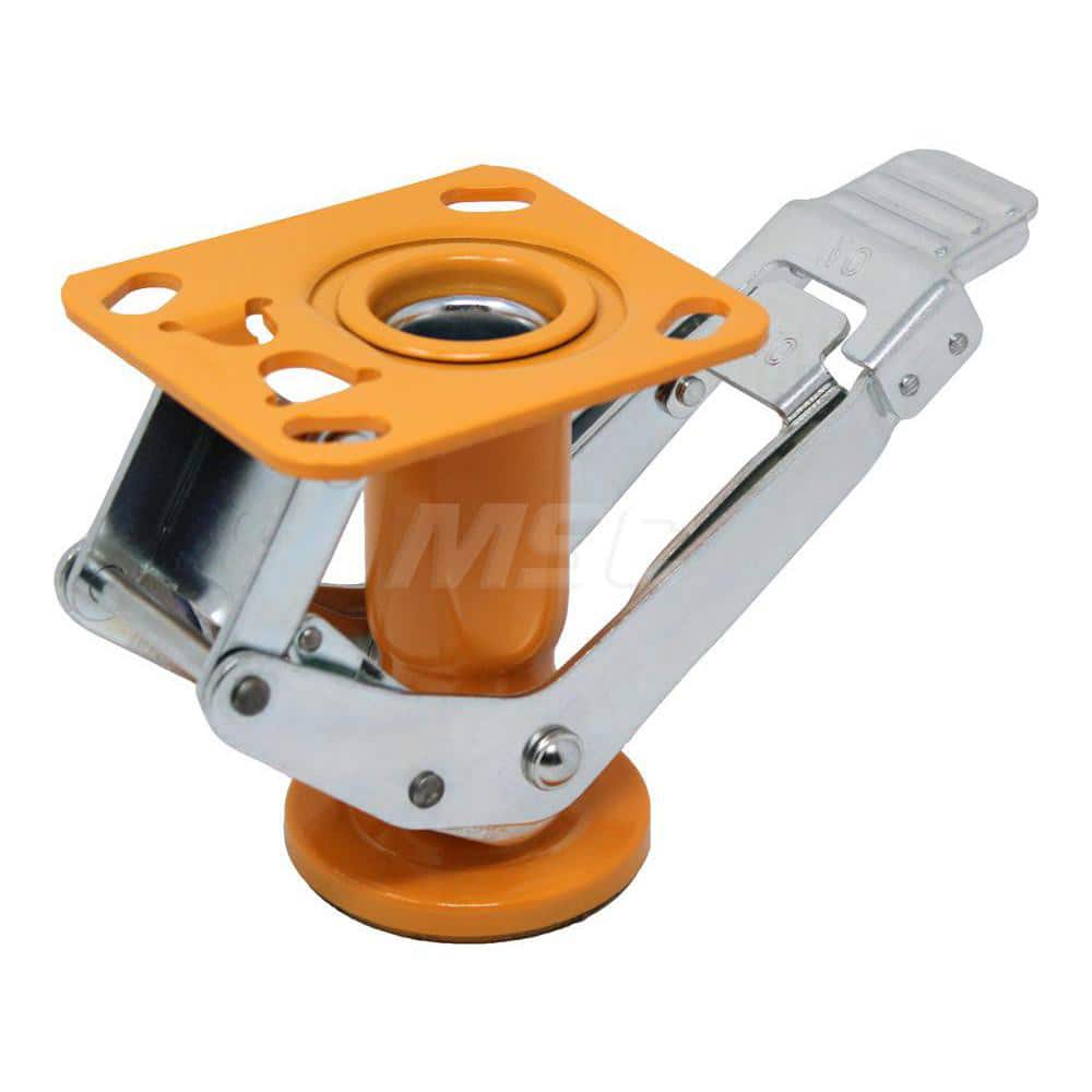 Floor Locks; Wheel Diameter: 6; Retracted Height: 6.25; Extended Height: 7.75; Top Plate Size: 4″ x 4 1/2″; Bolt Hole Spacing: 2-5/8″ x 3-5/8″ to 3″ x 3″; Attaching Bolt Size: 0.375; Top Plate Thickness: 0.25; Minimum Height: 6.2500; Maximum Height: 7.75