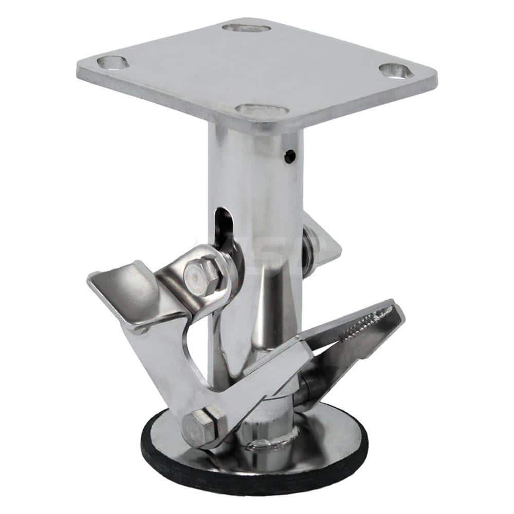 Floor Locks; Wheel Diameter: 6; Retracted Height: 6.5; Extended Height: 7.75; Top Plate Size: 4″ x 4 1/2″; Bolt Hole Spacing: 2-5/8″ x 3-5/8″ to 3″ x 3″; Attaching Bolt Size: 0.375; Top Plate Thickness: 0.25; Minimum Height: 6.5000; Maximum Height: 7.75