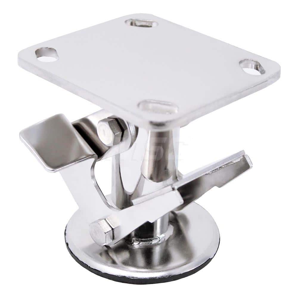 Floor Locks; Wheel Diameter: 5; Retracted Height: 5.5; Extended Height: 6.75; Top Plate Size: 4″ x 4 1/2″; Bolt Hole Spacing: 2-5/8″ x 3-5/8″ to 3″ x 3″; Attaching Bolt Size: 0.375; Top Plate Thickness: 0.25; Minimum Height: 5.5000; Maximum Height: 6.75