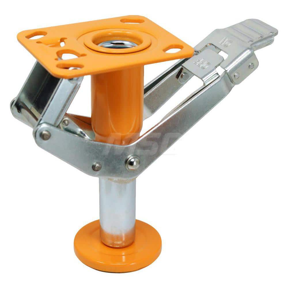 Floor Locks; Wheel Diameter: 8; Retracted Height: 7.875; Extended Height: 9.50; Top Plate Size: 4″ x 4 1/2″; Bolt Hole Spacing: 2-5/8″ x 3-5/8″ to 3″ x 3″; Attaching Bolt Size: 0.375; Top Plate Thickness: 0.25; Minimum Height: 7.8750; Maximum Height: 9.5
