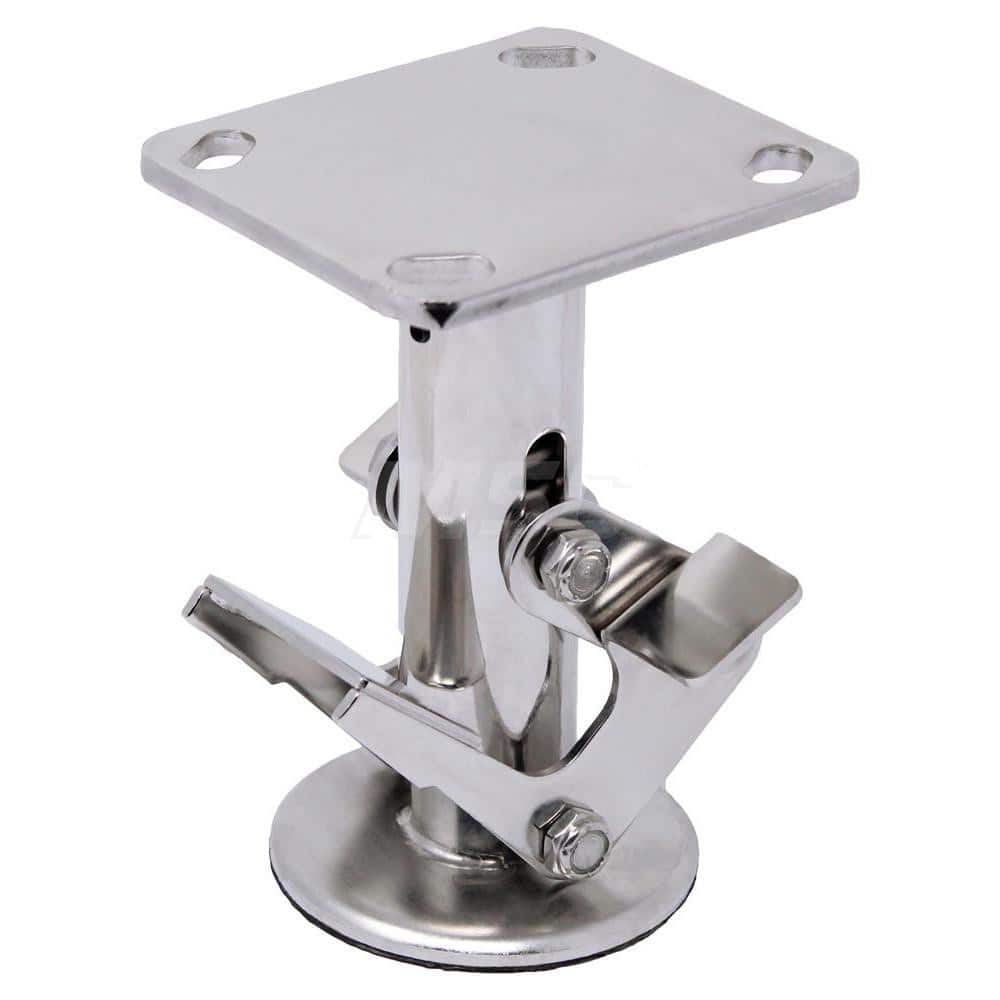 Floor Locks; Wheel Diameter: 8; Retracted Height: 8.5; Extended Height: 9.50; Top Plate Size: 4″ x 4 1/2″; Bolt Hole Spacing: 2-5/8″ x 3-5/8″ to 3″ x 3″; Attaching Bolt Size: 0.375; Top Plate Thickness: 0.25; Minimum Height: 8.5000; Maximum Height: 9.5;