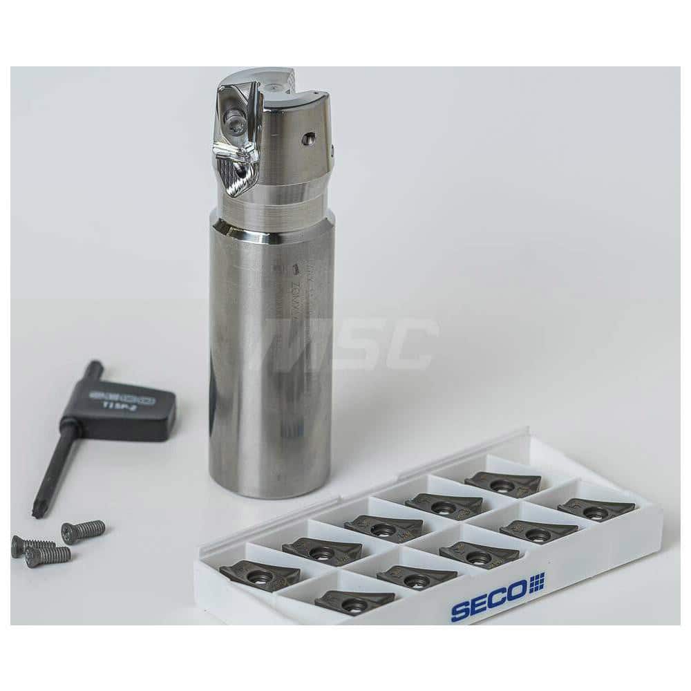 Indexable Square-Shoulder End Mill: DBLETURBO_16_1.25P_KIT, 1.2500'' Cut Dia, 0.5910'' Max Depth of Cut, 1.2500'' Shank Dia, Weldon Flat Shank Uses 2, Normal Pressure,