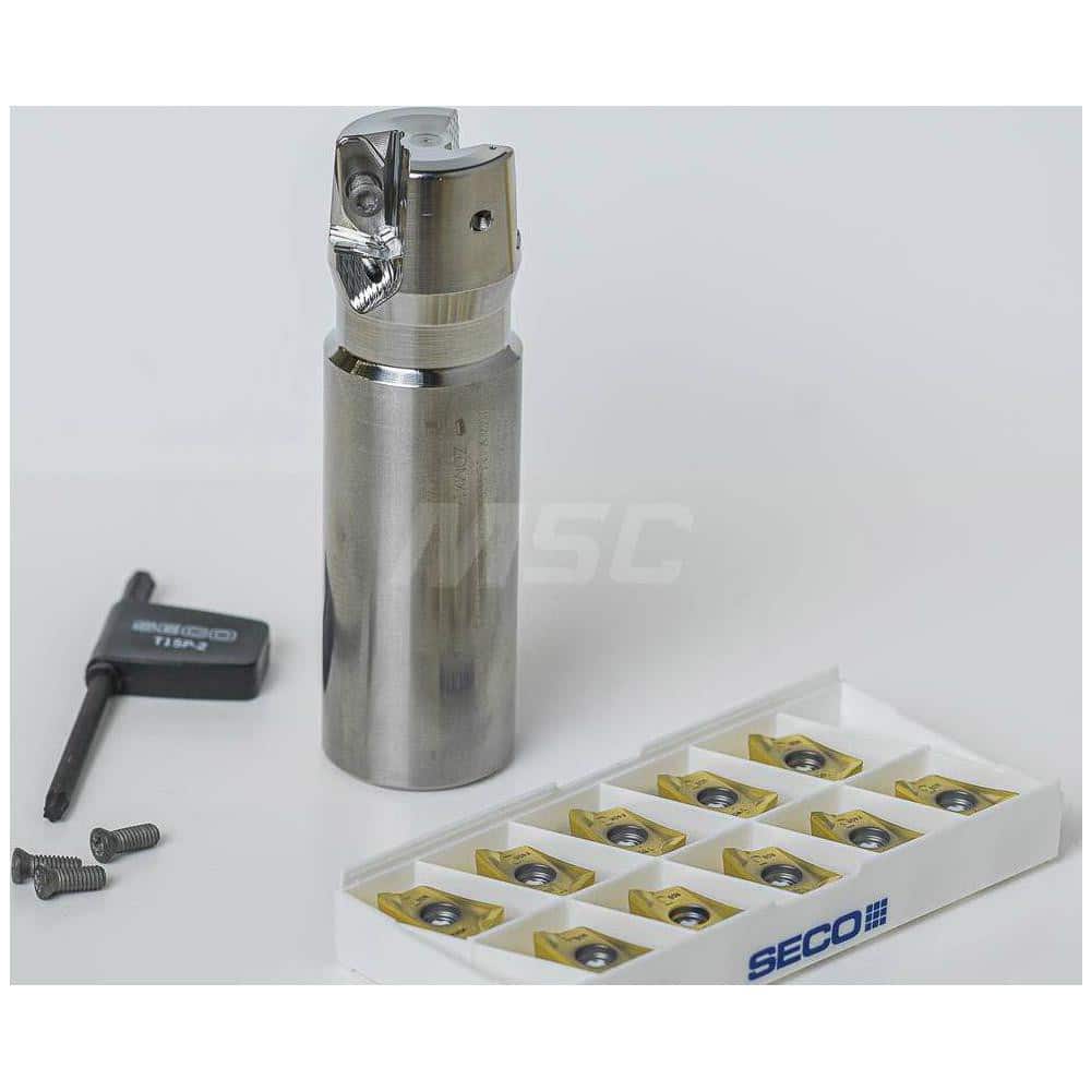 Indexable Square-Shoulder End Mill: DBLETURBO_16_1.25M_KIT, 1.2500'' Cut Dia, 0.5910'' Max Depth of Cut, 1.2500'' Shank Dia, Weldon Flat Shank Uses 2, Normal Pressure,