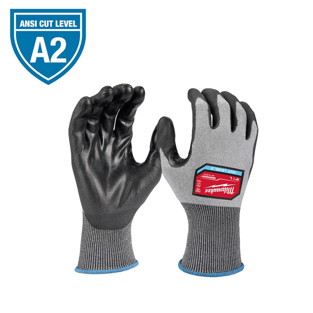 Puncture-Resistant Gloves: Size Medium, ANSI Cut A2, ANSI Puncture 0, Polyurethane, Polyester, Polyethylene & Nitrile Black & Gray, Palm & Fingers Coated, Nitrile Lined, Polyester Back, Polyurethane Grip, ANSI Abrasion Not Tested