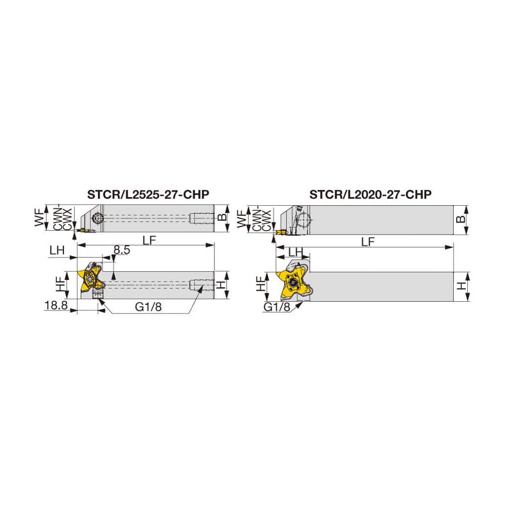 Indexable Grooving Toolholder: STCR2020-27-CHP, Uses 27 Inserts, Through Coolant