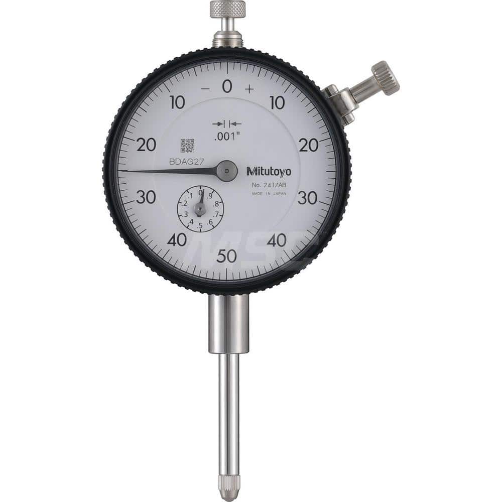 Dial Drop Indicator: 0 to 1″ Range, 0-50-0 Dial Reading, 0.001″ Graduation 0.1″ per Revolution, Flat Back, ±0.002″ Accuracy