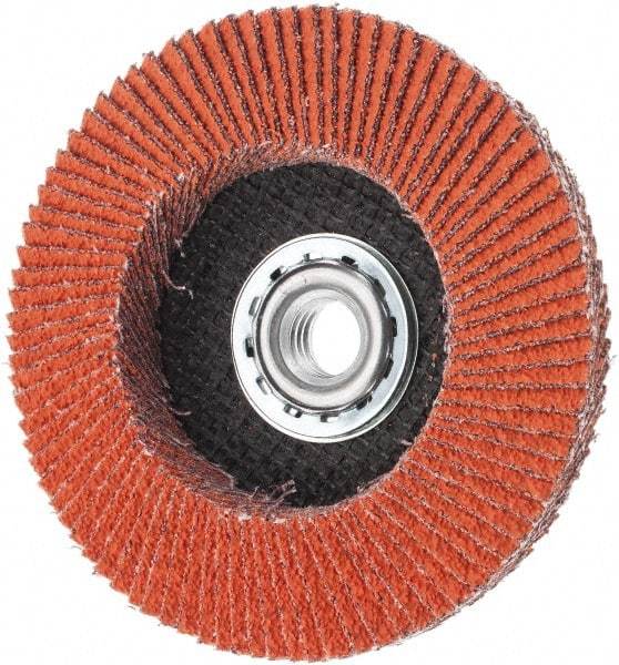Norton - 40 Grit, 4-1/2" Disc Diam, 5/8-11 Center Hole, Type 27 Ceramic Alumina Flap Disc - 13,000 Max RPM, Cloth Backing, Arbor Attaching System, Coated - Benchmark Tooling