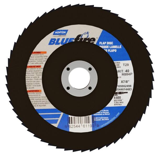 Norton - 40 Grit, 7" Disc Diam, 7/8" Center Hole, Type 29 Zirconia Alumina Flap Disc - 8,600 Max RPM, Cloth Backing, Arbor Attaching System, Coated - Benchmark Tooling