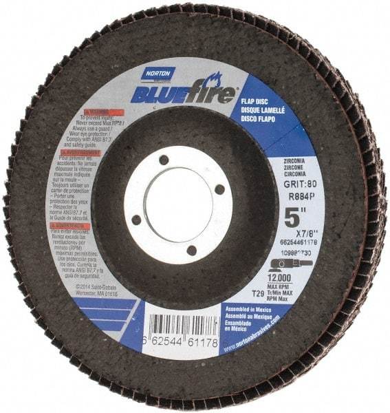 Norton - 80 Grit, 5" Disc Diam, 7/8" Center Hole, Type 29 Zirconia Alumina Flap Disc - 12,000 Max RPM, Cloth Backing, Arbor Attaching System, Coated - Benchmark Tooling