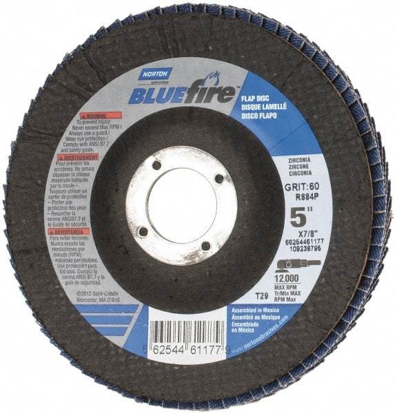 Norton - 60 Grit, 5" Disc Diam, 7/8" Center Hole, Type 29 Zirconia Alumina Flap Disc - 12,000 Max RPM, Cloth Backing, Arbor Attaching System, Coated - Benchmark Tooling