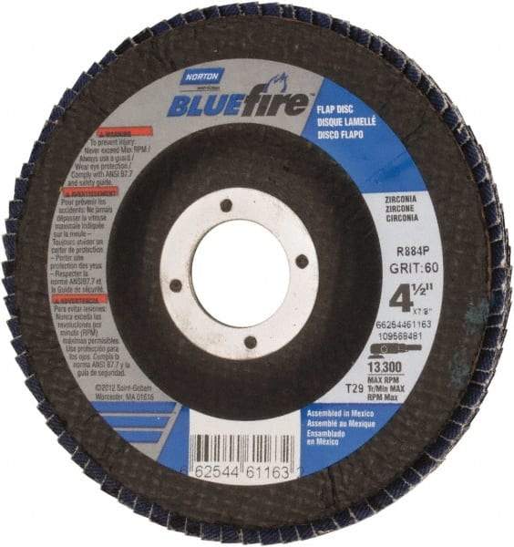 Norton - 60 Grit, 4-1/2" Disc Diam, 7/8" Center Hole, Type 29 Zirconia Alumina Flap Disc - 13,300 Max RPM, Cloth Backing, Arbor Attaching System, Coated - Benchmark Tooling