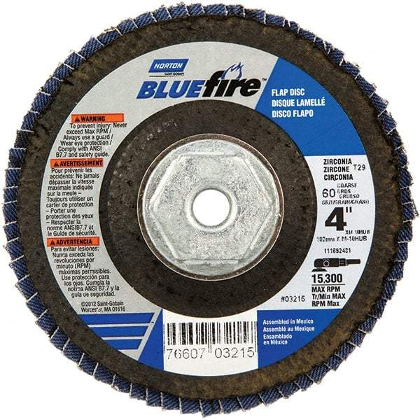 Norton - 60 Grit, 4" Disc Diam, 5/8-11 Center Hole, Type 29 Zirconia Alumina Flap Disc - 15,300 Max RPM, Cloth Backing, Arbor Attaching System, Coated - Benchmark Tooling