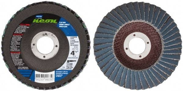 Norton - 80 Grit, 4-1/2" Disc Diam, 7/8" Center Hole, Type 29 Ceramic Alumina Flap Disc - 13,300 Max RPM, Polyester Backing, Arbor Attaching System, Coated - Benchmark Tooling
