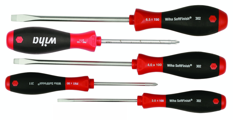 5 Piece - SoftFinish® Cushion Grip Screwdriver Set - #30295 - Includes: Slotted 3.0 - 6.5mm Phillips #1 - 2 - Benchmark Tooling