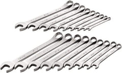 SK - 18 Piece, 1/4" to 3/4" (10mm to 18mm), 12 Point Combination Wrench Set - Inch/Metric Measurement Standard, Full Polish Chrome Finish, Comes in Roll-Up Pouch - Benchmark Tooling