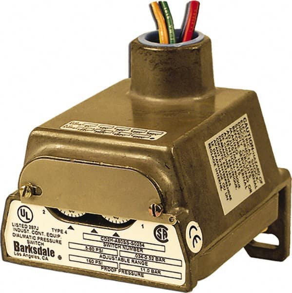 Barksdale - 0.3 to 3 psi Adjustable Range, 10 Max psi, Diaphragm Pressure Switch - 1/4 NPT Female, 18in Free Leads, 2 x SPDT Contact, 304SS Wetted Parts, 0.5% Repeatability - Benchmark Tooling