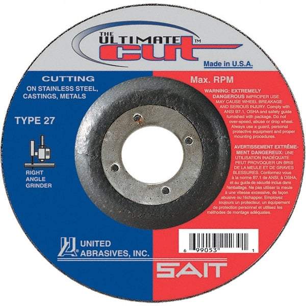 Sait - 6" Wheel Diam, 7/8" Arbor Hole, Type 27 Depressed Center Wheel - Coarse Grade, Ceramic, 10,200 Max RPM - Benchmark Tooling