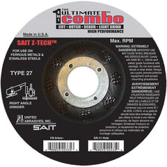 Sait - 6" Wheel Diam, 7/8" Arbor Hole, Type 27 Depressed Center Wheel - Coarse Grade, Zirconia Alumina, 10,200 Max RPM - Benchmark Tooling