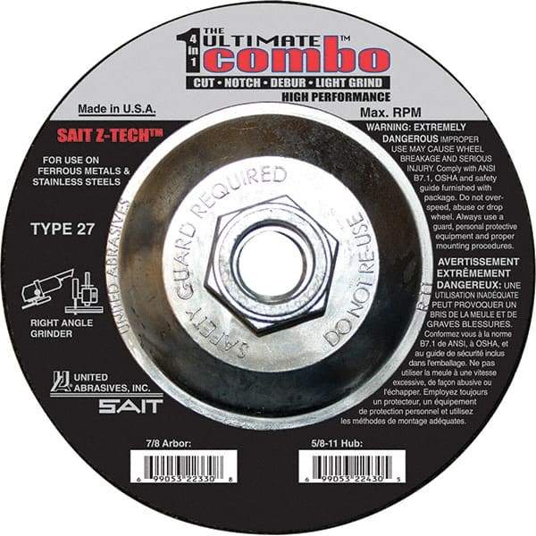 Sait - 6" Wheel Diam, Type 27 Depressed Center Wheel - Coarse Grade, Zirconia Alumina, 10,200 Max RPM - Benchmark Tooling