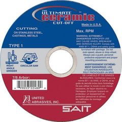 Sait - 5" 60 Grit Ceramic Cutoff Wheel - 0.045" Thick, 7/8" Arbor, 12,200 Max RPM, Use with Angle Grinders - Benchmark Tooling