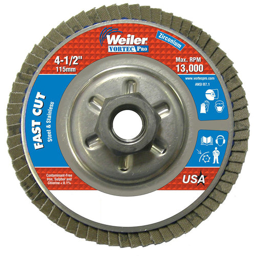 4-1/2″ Vortec Pro Abrasive Flap Disc, Angled, Aluminum Backing, 36Z, 5/8″-11 UNC Nut - Benchmark Tooling