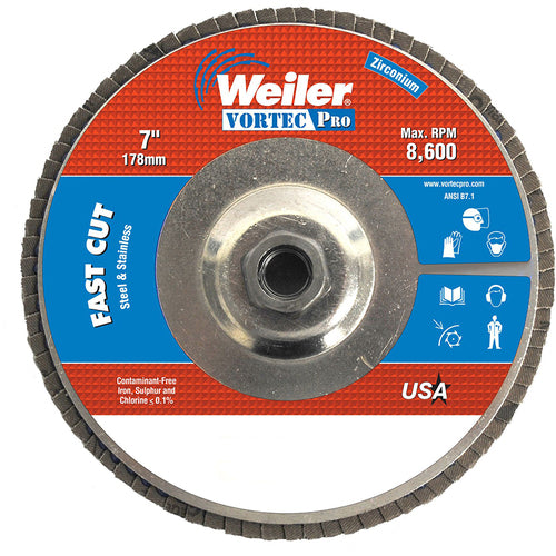 7″ Vortec Pro Abrasive Flap Disc, Angled, Aluminum Backing, 36Z, 5/8″-11 UNC Nut - Benchmark Tooling