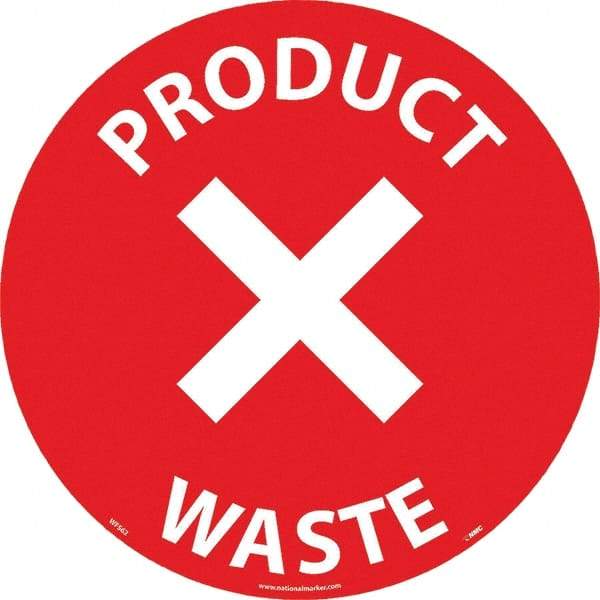 NMC - Product Waste, Anti-Skid Pressure-Sensitive Vinyl Floor Sign - Round, White on Red, Adhesive Backed, For Restroom, Janitorial & Housekeeping - Benchmark Tooling