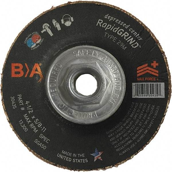 BULLARD - 50 Grit, 5" Wheel Diam, 1/8" Wheel Thickness, Type 29 Depressed Center Wheel - Coarse Grade, Ceramic, 12,200 Max RPM, Compatible with Angle Grinder - Benchmark Tooling