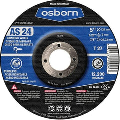 Osborn - 24 Grit, 5" Wheel Diam, 1/4" Wheel Thickness, 7/8" Arbor Hole, Type 27 Depressed Center Wheel - Coarse Grade, Aluminum Oxide, 12,225 Max RPM - Benchmark Tooling