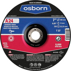 Osborn - 24 Grit, 7" Wheel Diam, 1/4" Wheel Thickness, 7/8" Arbor Hole, Type 27 Depressed Center Wheel - Coarse Grade, Aluminum Oxide, 8,600 Max RPM - Benchmark Tooling