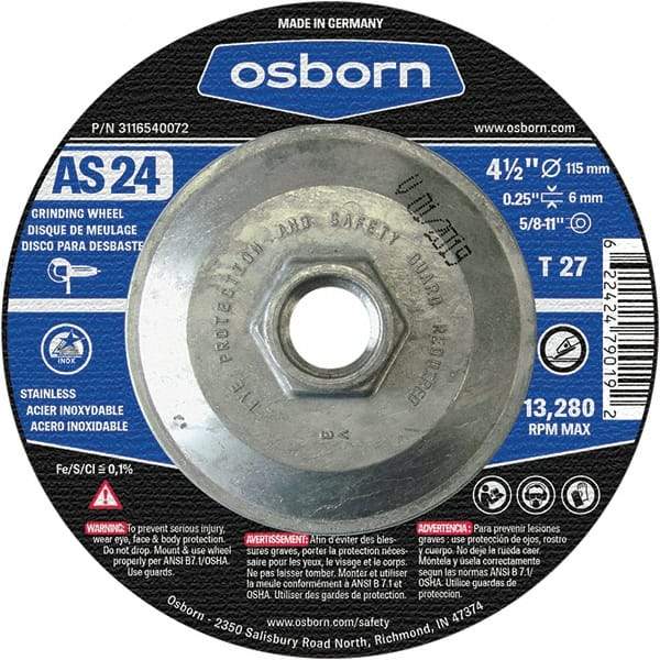 Osborn - 24 Grit, 4-1/2" Wheel Diam, 1/4" Wheel Thickness, Type 27 Depressed Center Wheel - Coarse Grade, Aluminum Oxide, 13,280 Max RPM - Benchmark Tooling