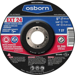 Osborn - 24 Grit, 5" Wheel Diam, 1/4" Wheel Thickness, 7/8" Arbor Hole, Type 27 Depressed Center Wheel - Coarse Grade, Ceramic, 12,225 Max RPM - Benchmark Tooling