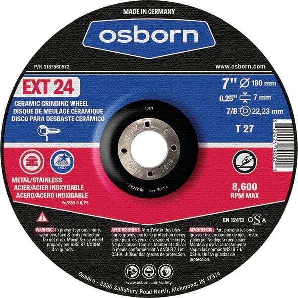 Osborn - 24 Grit, 7" Wheel Diam, 1/4" Wheel Thickness, 7/8" Arbor Hole, Type 27 Depressed Center Wheel - Coarse Grade, Ceramic, 8,600 Max RPM - Benchmark Tooling