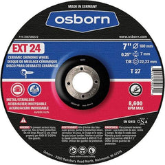 Osborn - 24 Grit, 7" Wheel Diam, 1/4" Wheel Thickness, 7/8" Arbor Hole, Type 27 Depressed Center Wheel - Coarse Grade, Ceramic, 8,600 Max RPM - Benchmark Tooling