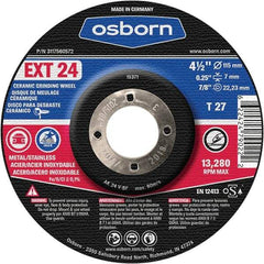 Osborn - 24 Grit, 4-1/2" Wheel Diam, 1/4" Wheel Thickness, 7/8" Arbor Hole, Type 27 Depressed Center Wheel - Coarse Grade, Ceramic, 13,280 Max RPM - Benchmark Tooling