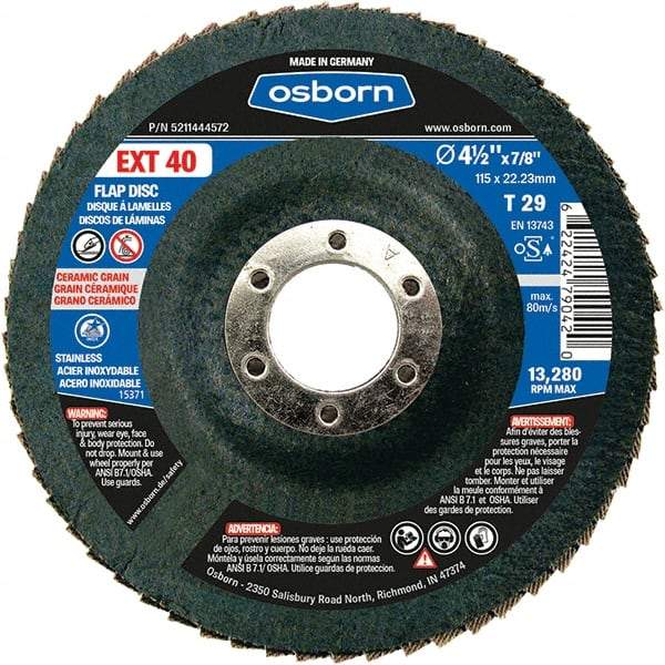 Osborn - 40 Grit, 4-1/2" Disc Diam, 7/8" Center Hole, Type 29 Ceramic Flap Disc - 13,280 Max RPM, Fiberglass Backing, Arbor Attaching System, Coated - Benchmark Tooling