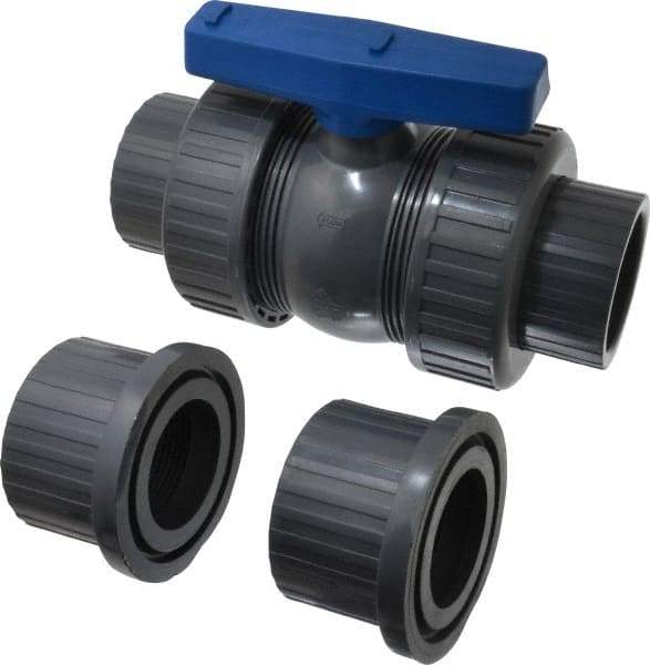 Simtech - 2-1/2" Pipe, Full Port, PVC True Union Design Ball Valve - Inline - Two Way Flow, FNPT x FNPT Ends, Tee Handle, 150 WOG - Benchmark Tooling